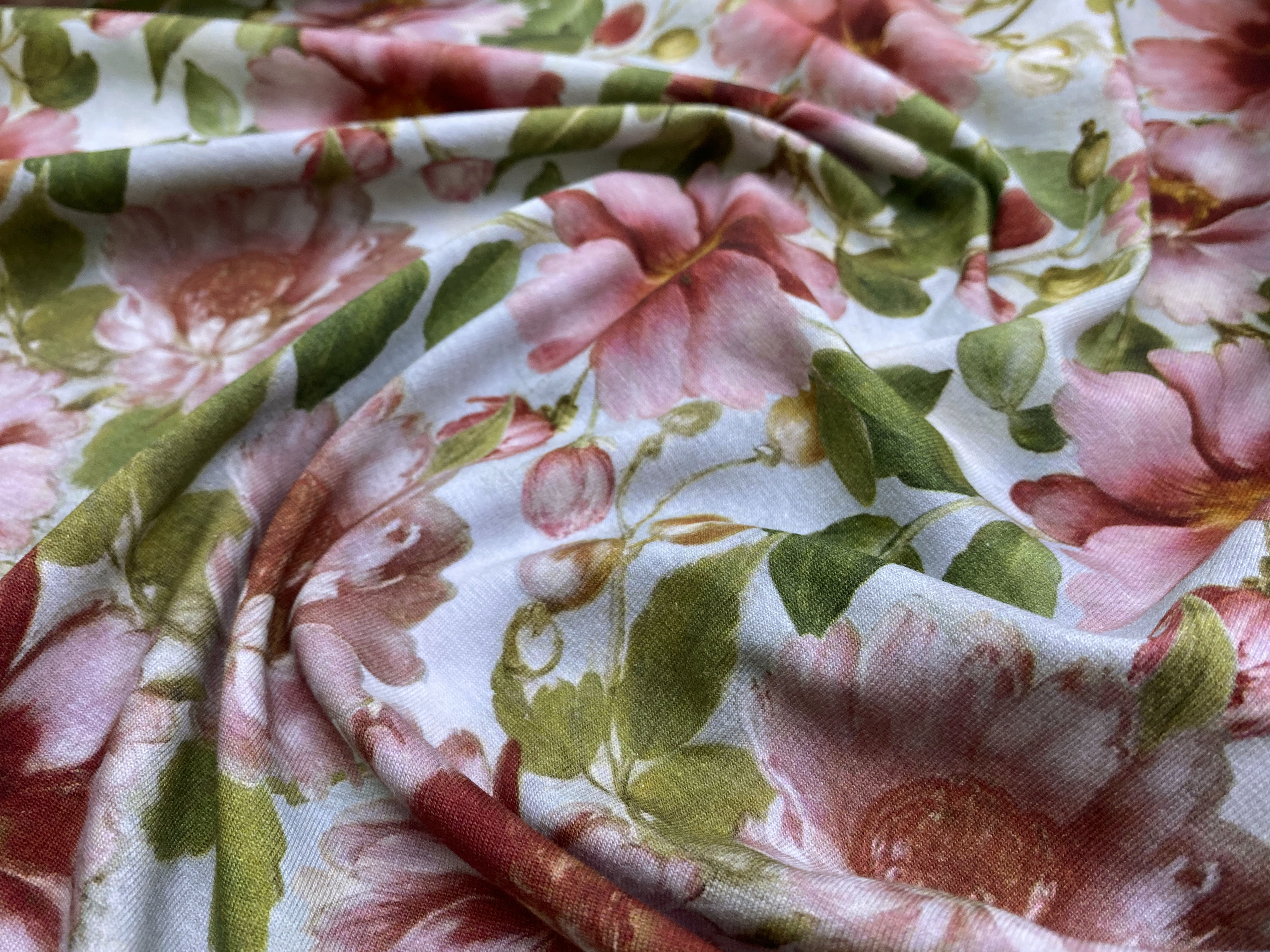 Ткань Трикотаж голубого цвета с принтом розовые цветы 38258 2