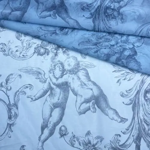 Ткань Шифон  голубого цвета с принтом  ангелы 24108